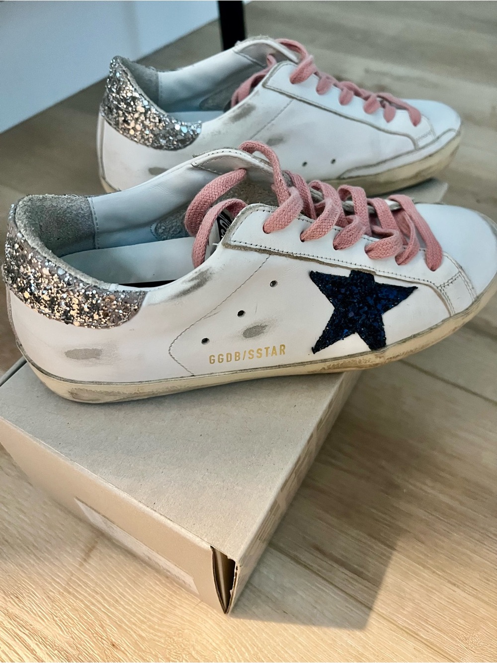 Golden Goose White Sneakers with Pink Laces and Navy Star